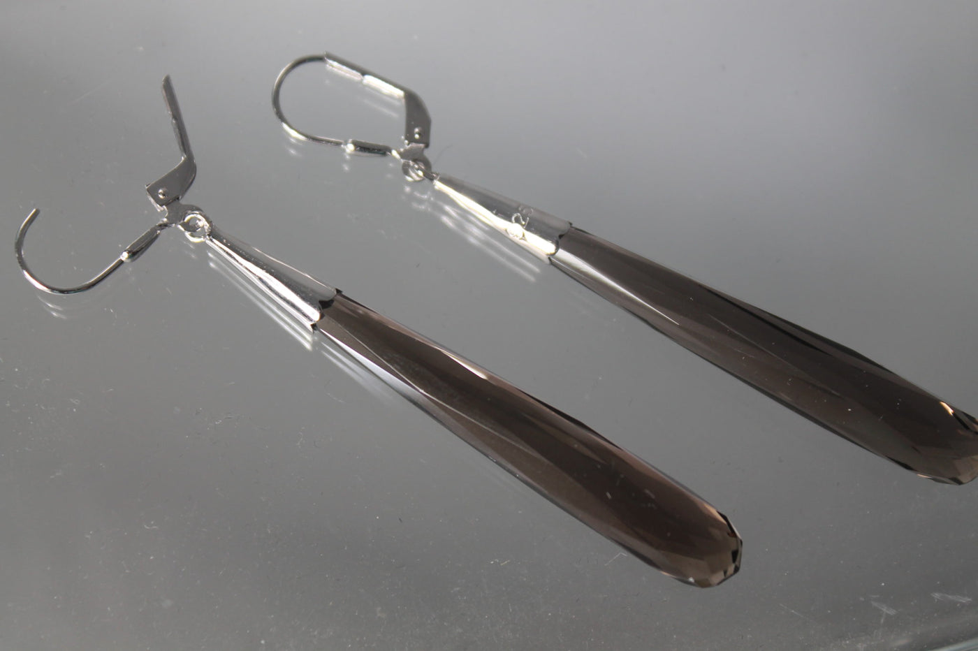 Sterling Silver and Smoky Quartz Brown Cubic Zirconia Slender Briolette Earrings