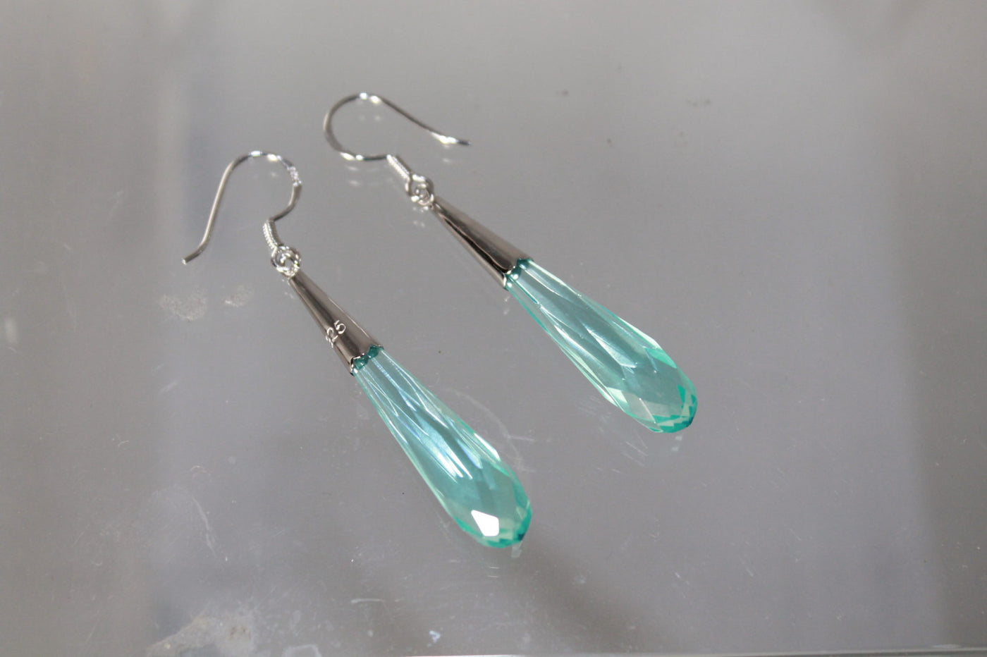Sterling Silver and Blue Green Briolette Cubic Zirconia Dangling Earrings