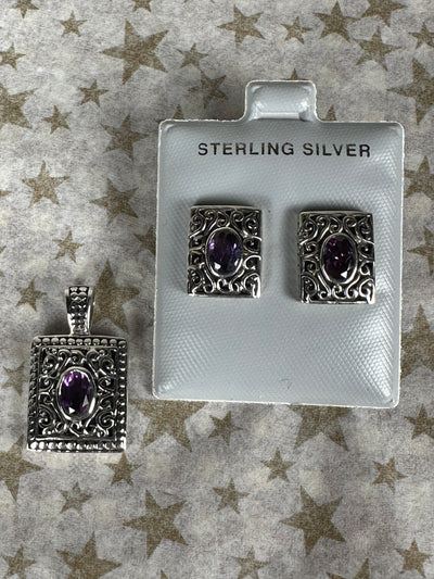 Filigree Sterling Silver and Purple Cubic Zirconia Earrings