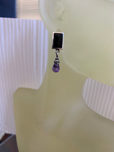Sterling Silver not plated Onyx and Purple Briolette Drop Earrings