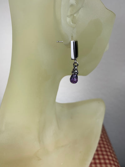 Sterling Silver not plated Onyx and Purple Briolette Drop Earrings