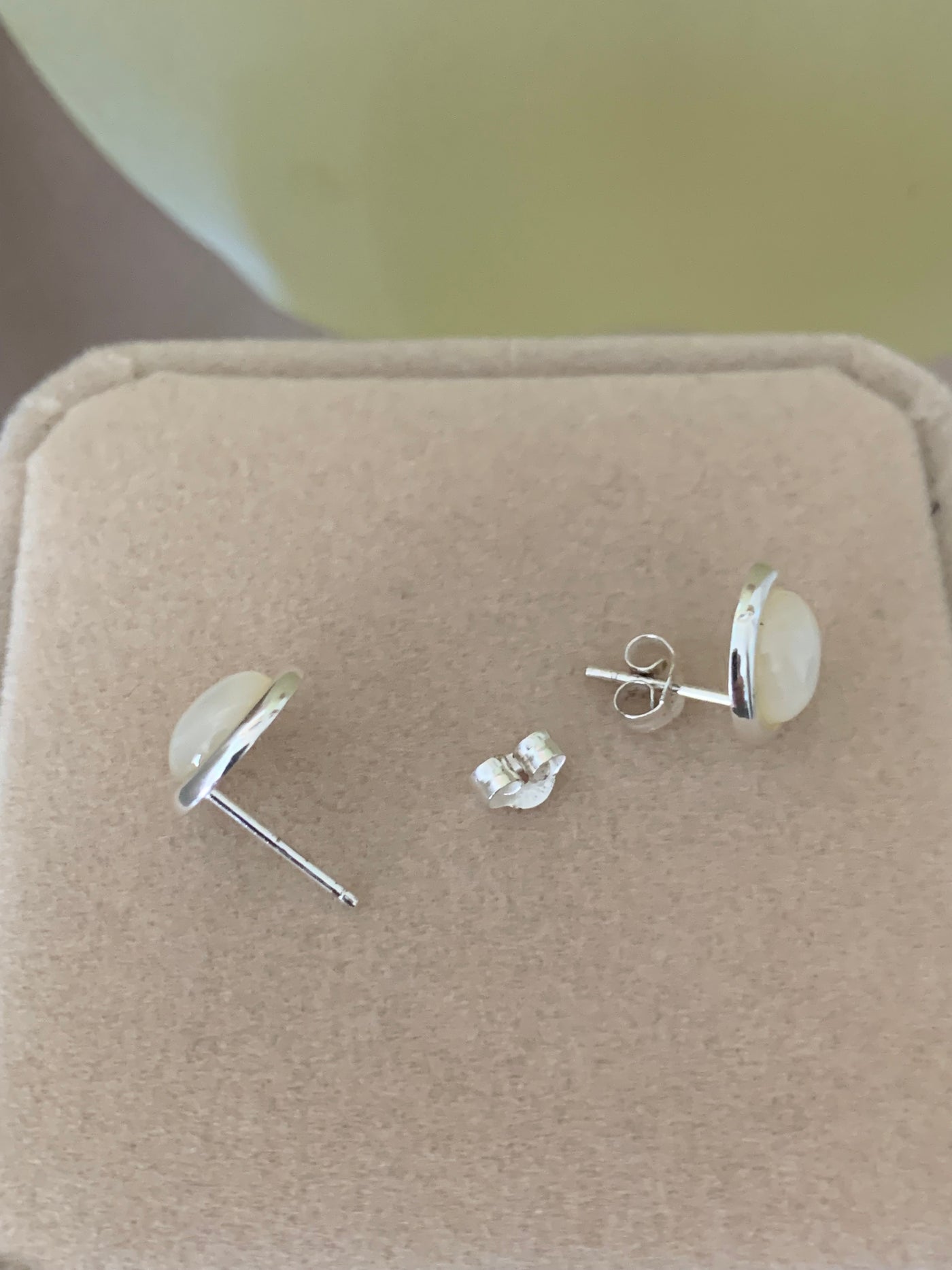 White Shell Button Earrings in Sterling Silver