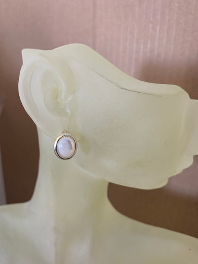 Oval Natural White Shell Button Earrings in Sterling Silver