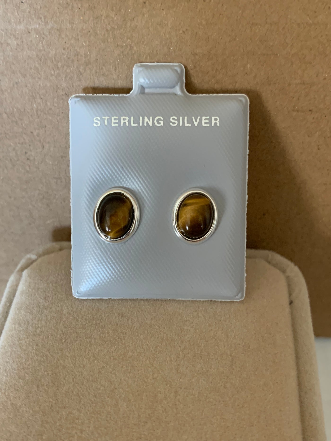 Oval Tiger Eye Button Earrings in Sterling Silver