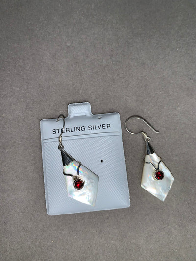Sterling Silver White Shell and Garnet Dangling Earrings