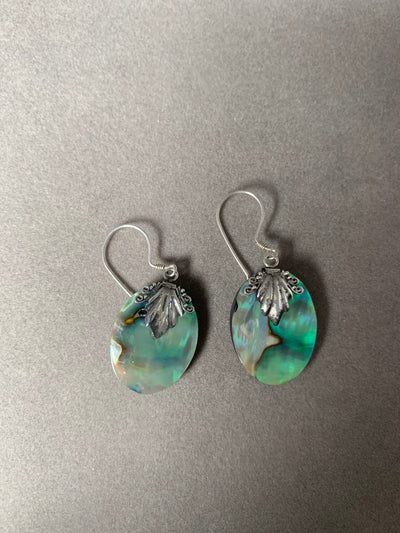 Sterling Silver and Oval Abalone Shell with Leaf Design Dangling Earrings