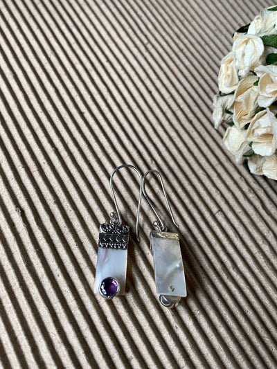 Rectangle White Shell & Amethyst Dangling Earrings in Sterling Silver