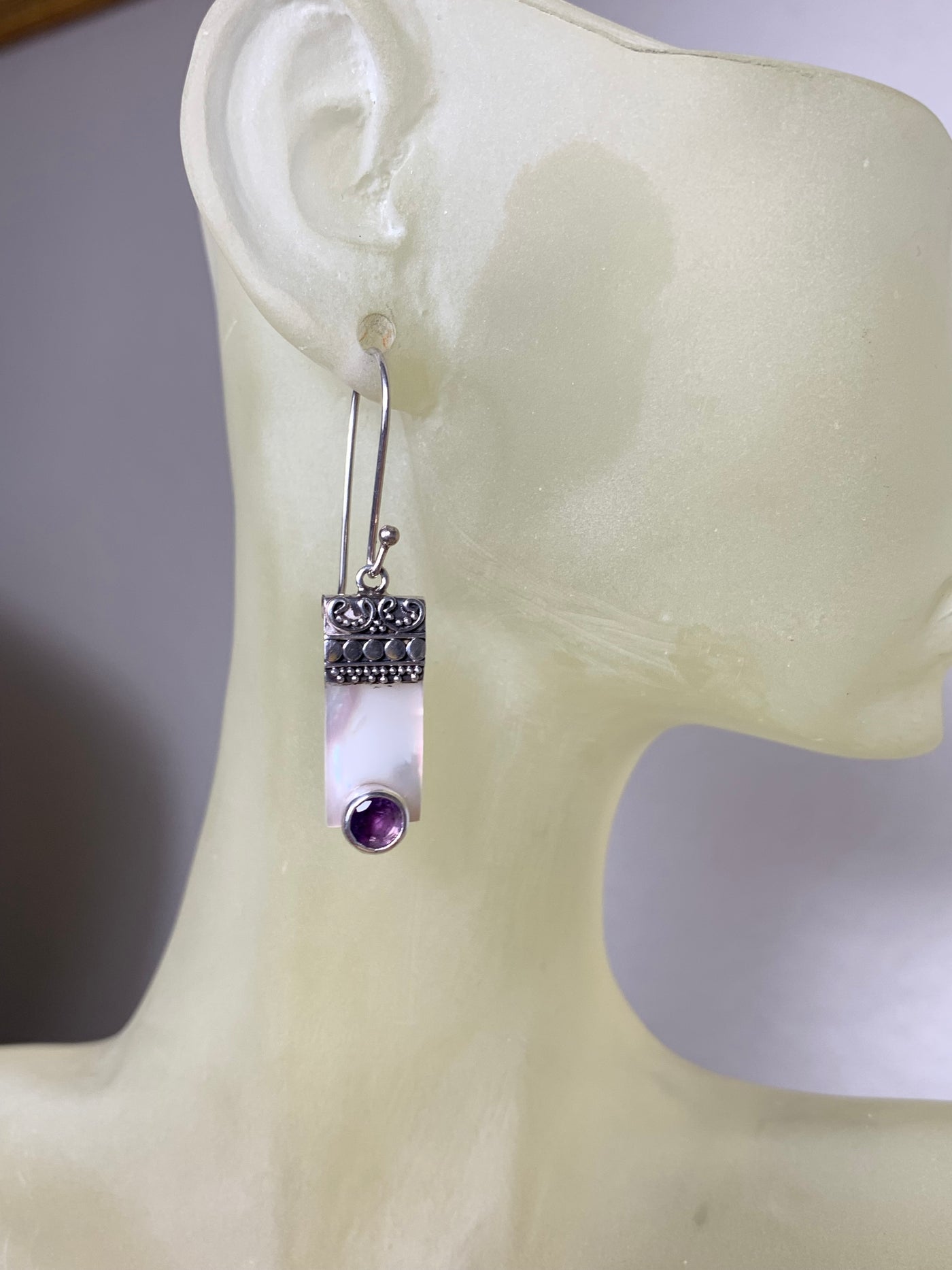 Rectangle White Shell & Amethyst Dangling Earrings in Sterling Silver