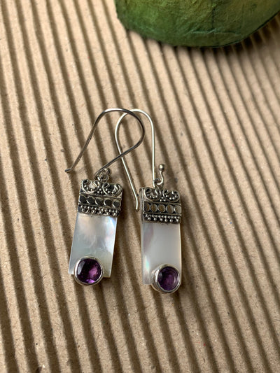 Rectangle White Shell & Amethyst Dangling Earrings in Sterling Silver