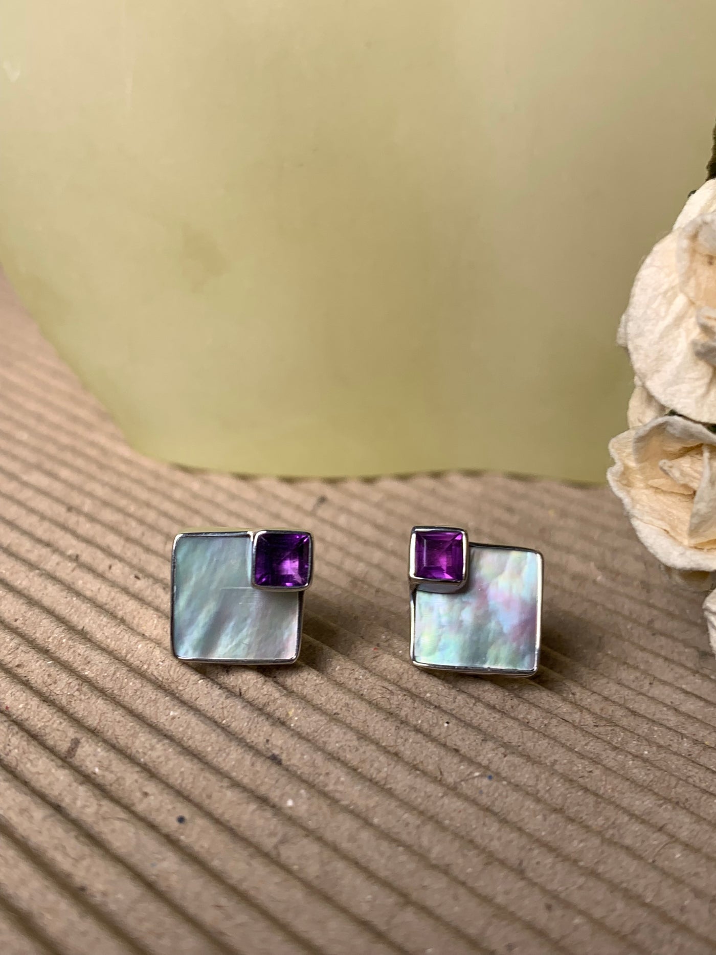 Natural White Shell Amethyst Earrings on Post in Sterling Silver
