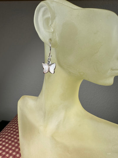 Sterling Silver White Shell MOP Butterfly Dangling Earrings