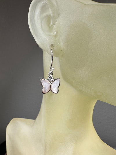 Sterling Silver White Shell MOP Butterfly Dangling Earrings