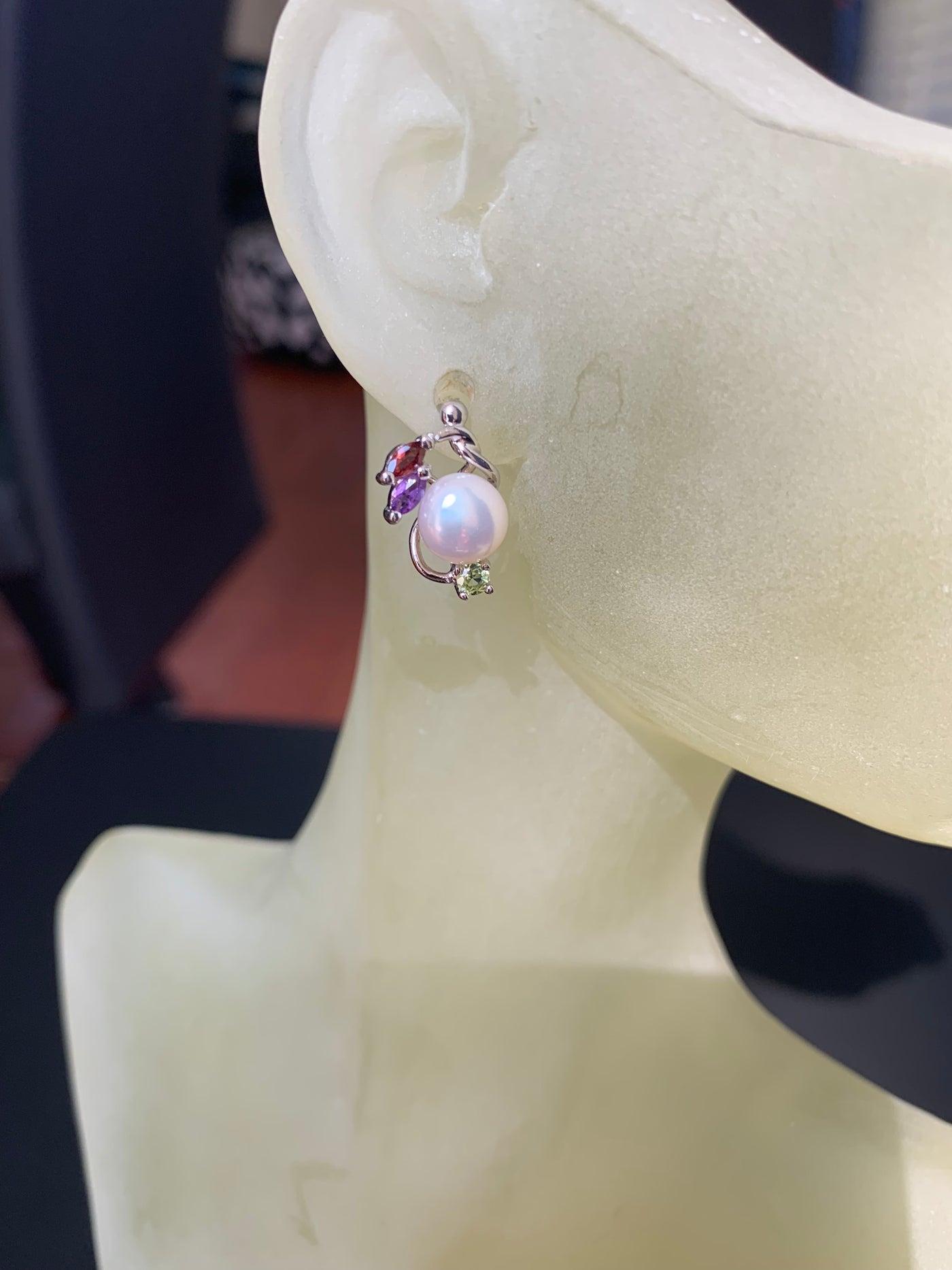 Genuine Pearl & Gems Stud Earrings in Sterling Silver