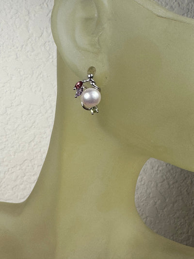 Genuine Pearl & Gems Stud Earrings in Sterling Silver