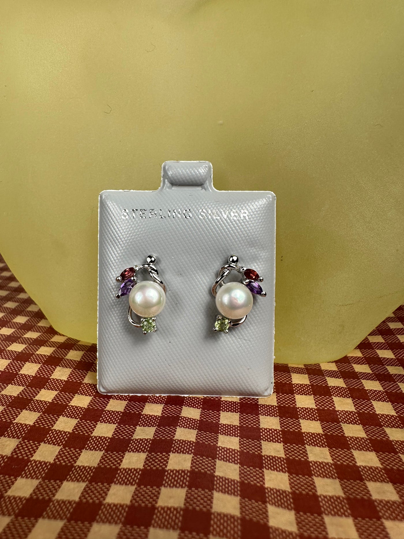 Genuine Pearl & Gems Stud Earrings in Sterling Silver