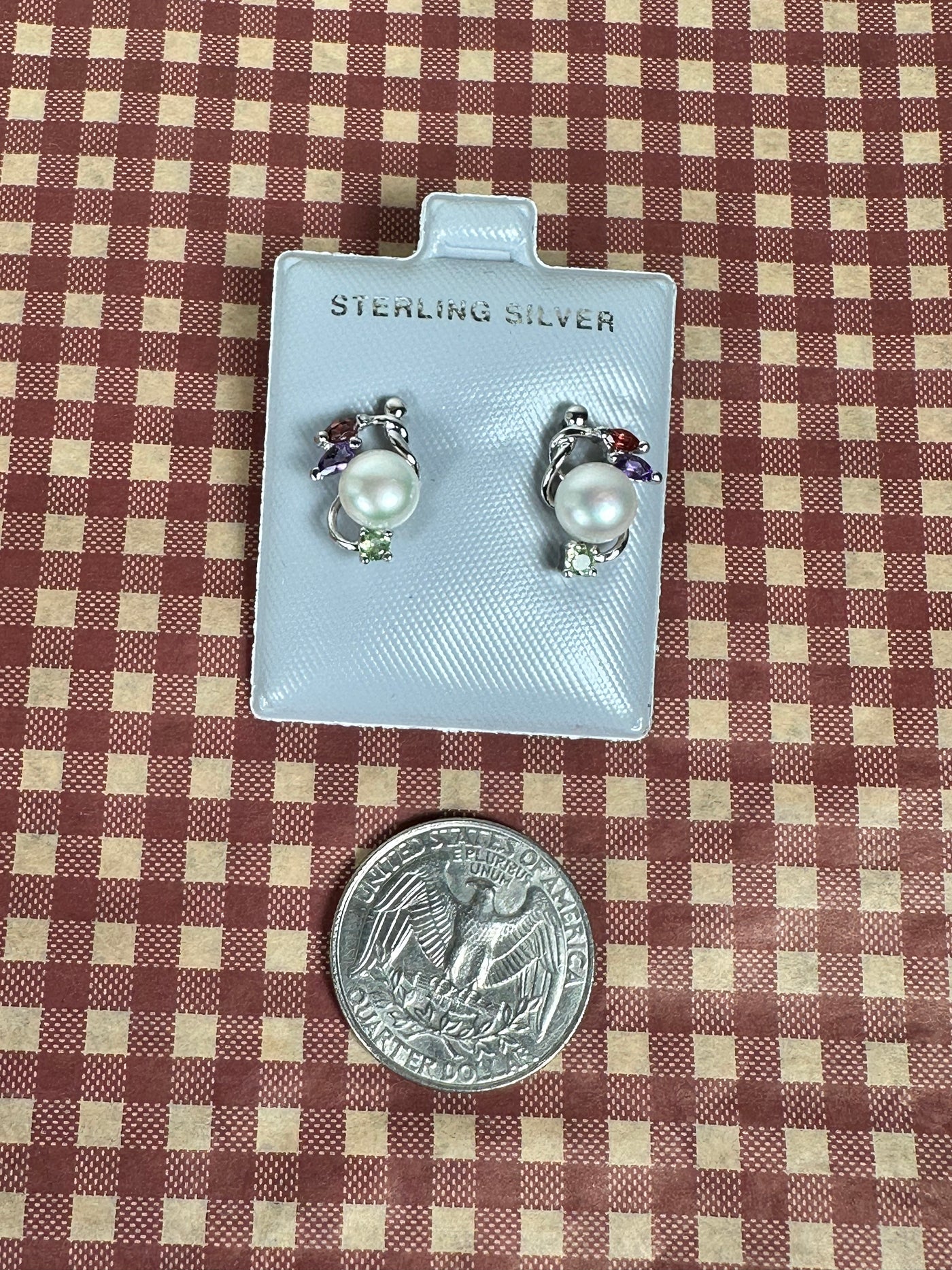 Genuine Pearl & Gems Stud Earrings in Sterling Silver