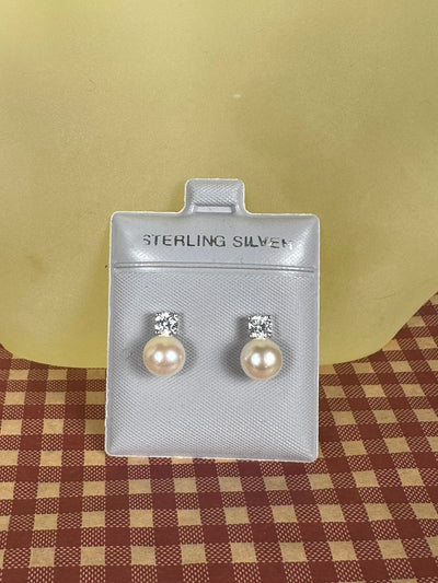 7mm Pearl Stud Earrings with CZ in Sterling Silver on Post