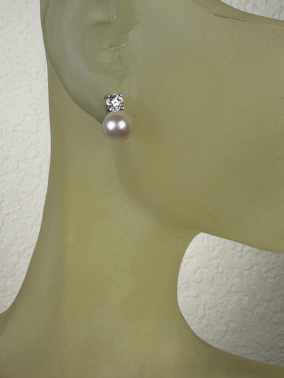 7mm Pearl Stud Earrings with CZ in Sterling Silver on Post