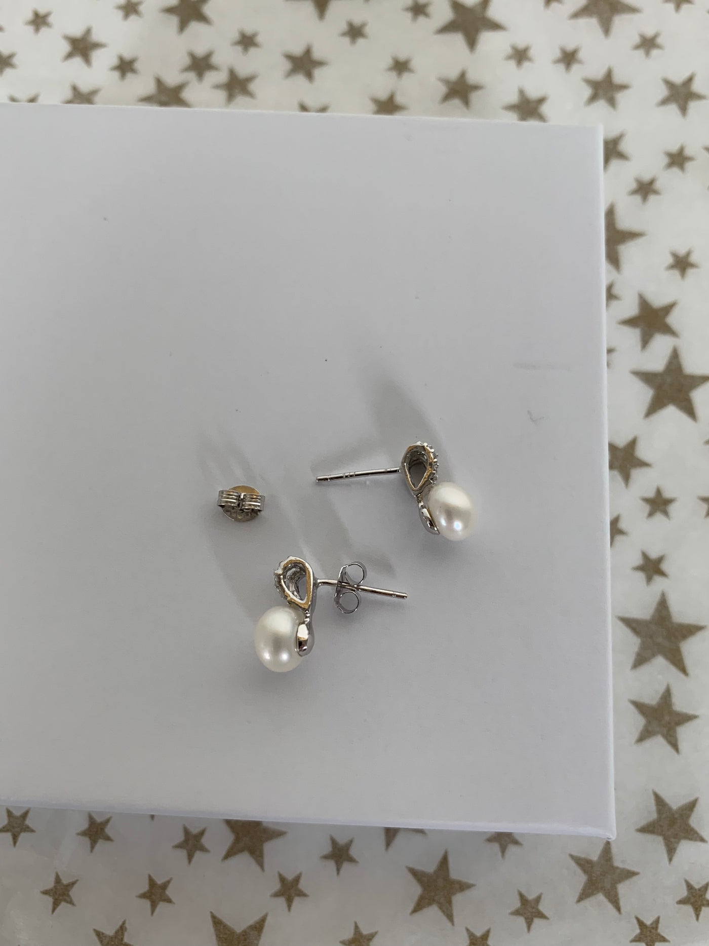 Fancy Genuine Pearl & CZs Stud Earrings in Sterling Silver