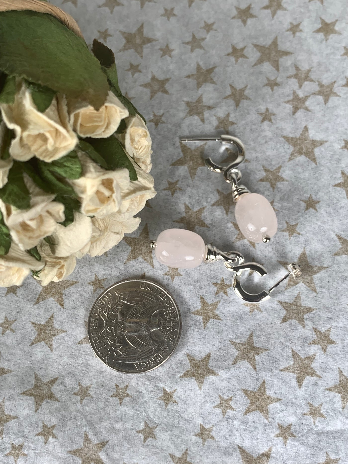 Genuine Rose Quartz Dangling Earrings in Sterling Silver