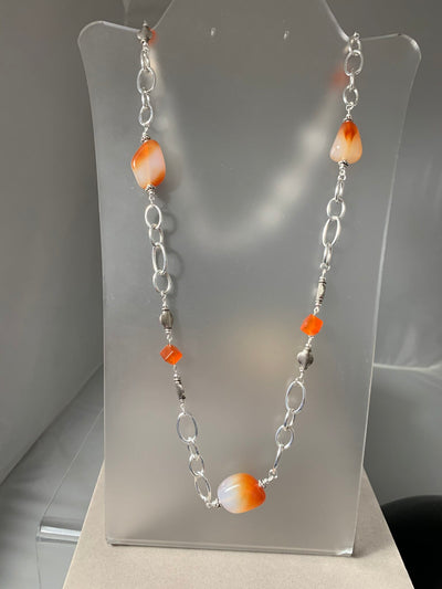 Sterling Silver and Carnelian Nuggets Long Necklace