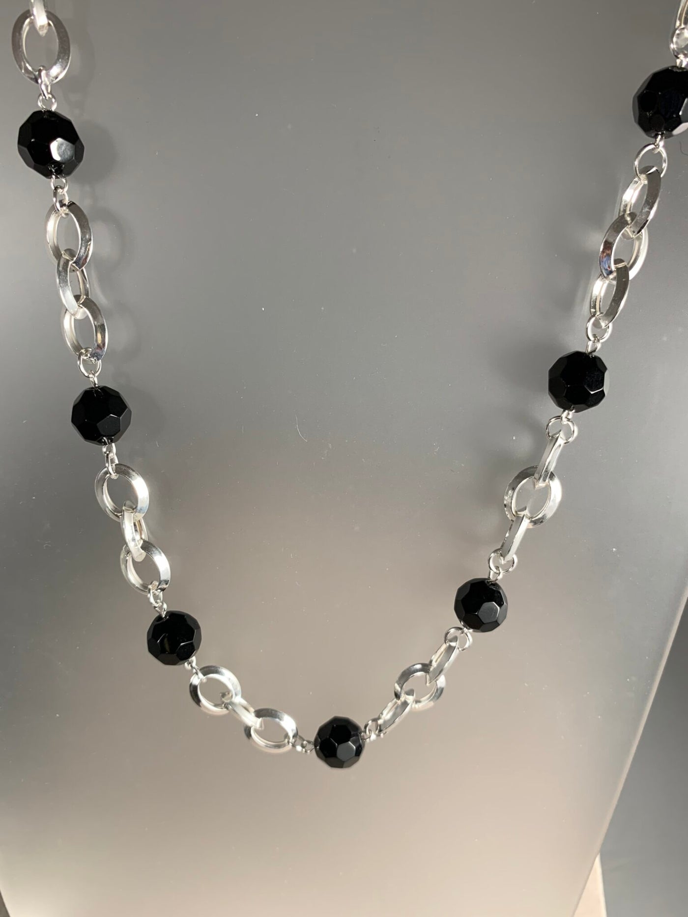 Sterling Silver and Faceted Onyx Bead Necklace in 22"