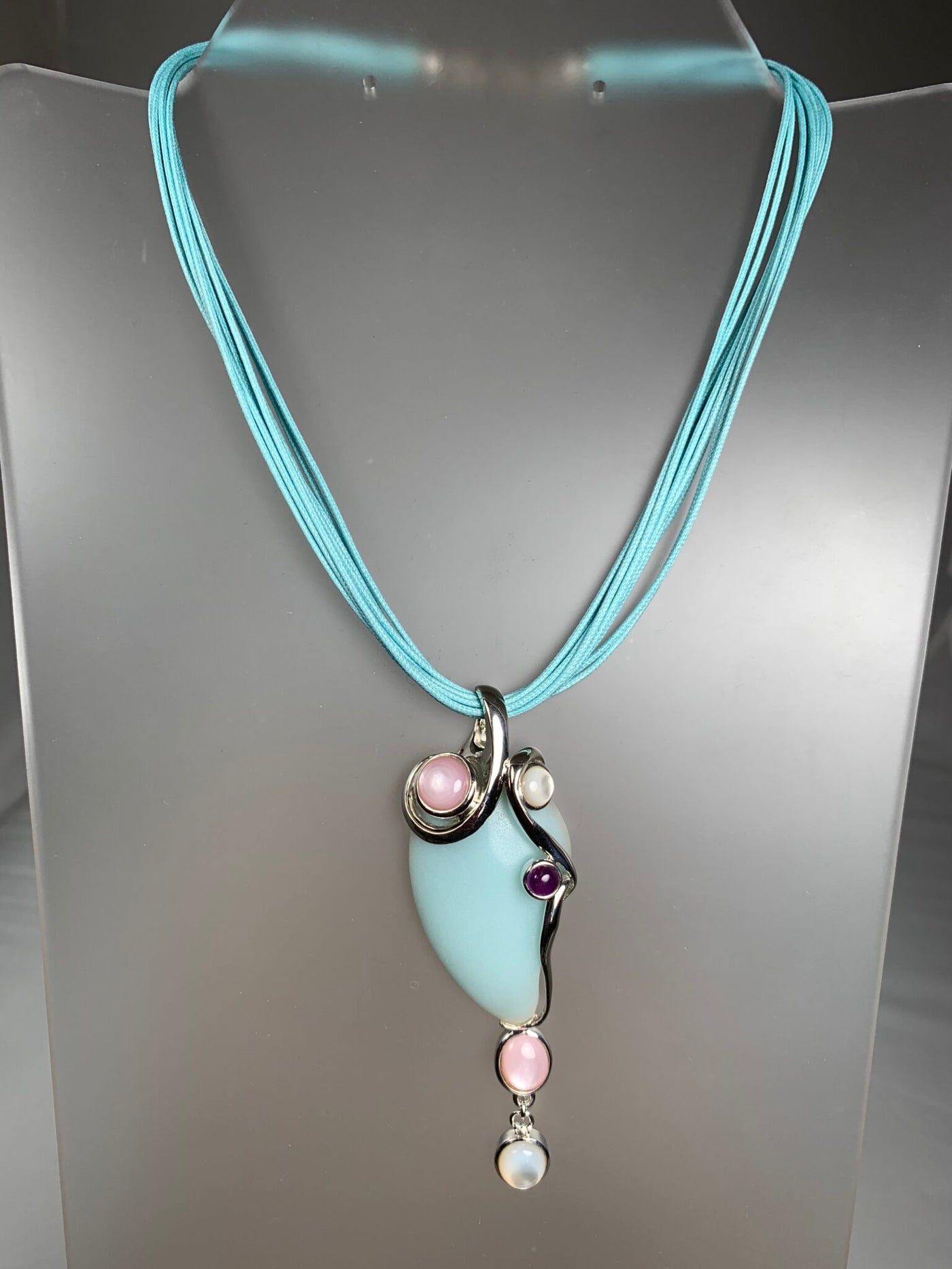 Sterling Silver Light Teal Blue10-Strand Cord Necklace from Italy 16"