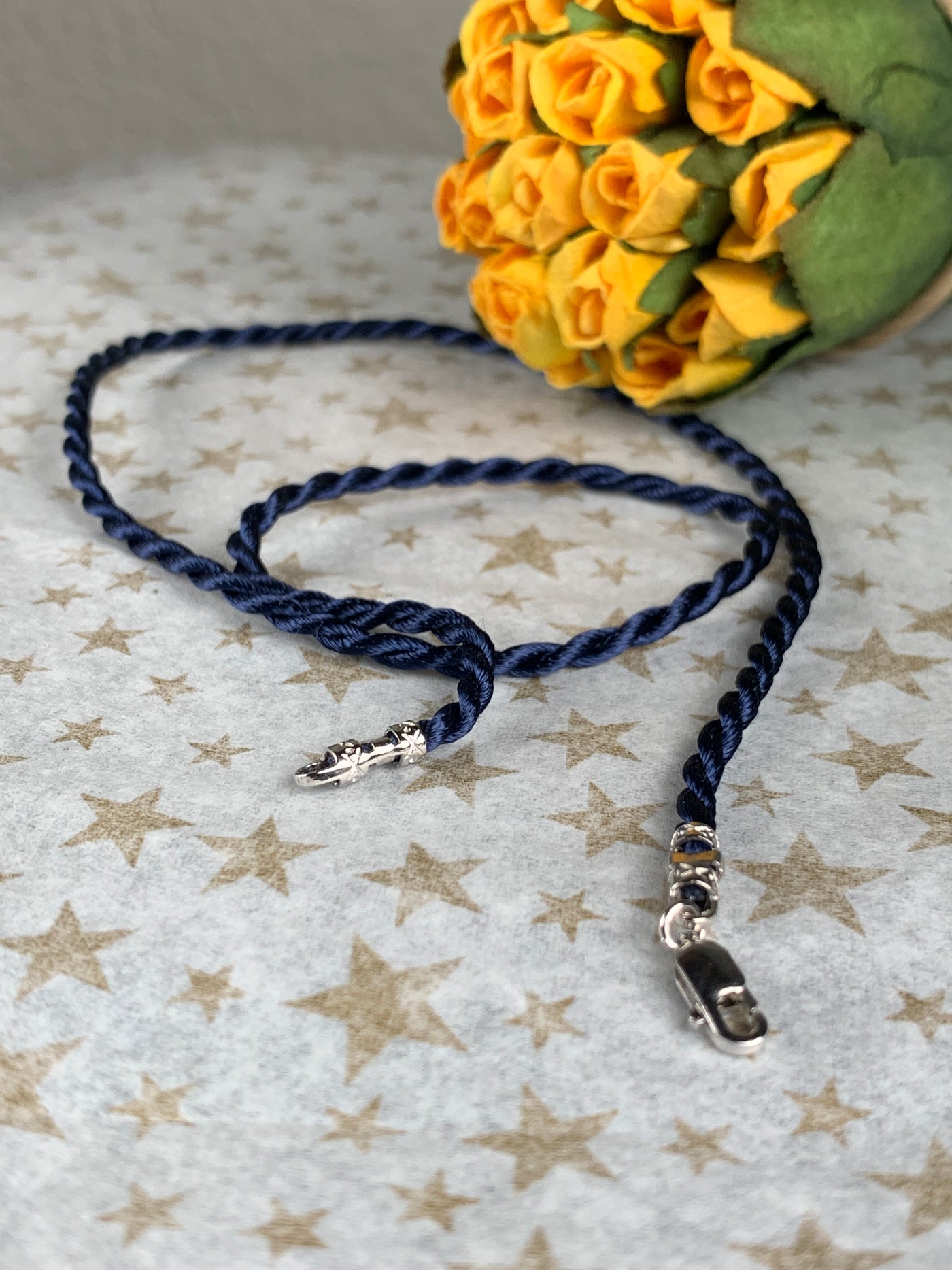 Navy Blue Cord Necklace with Sterling Silver Clasp Closure