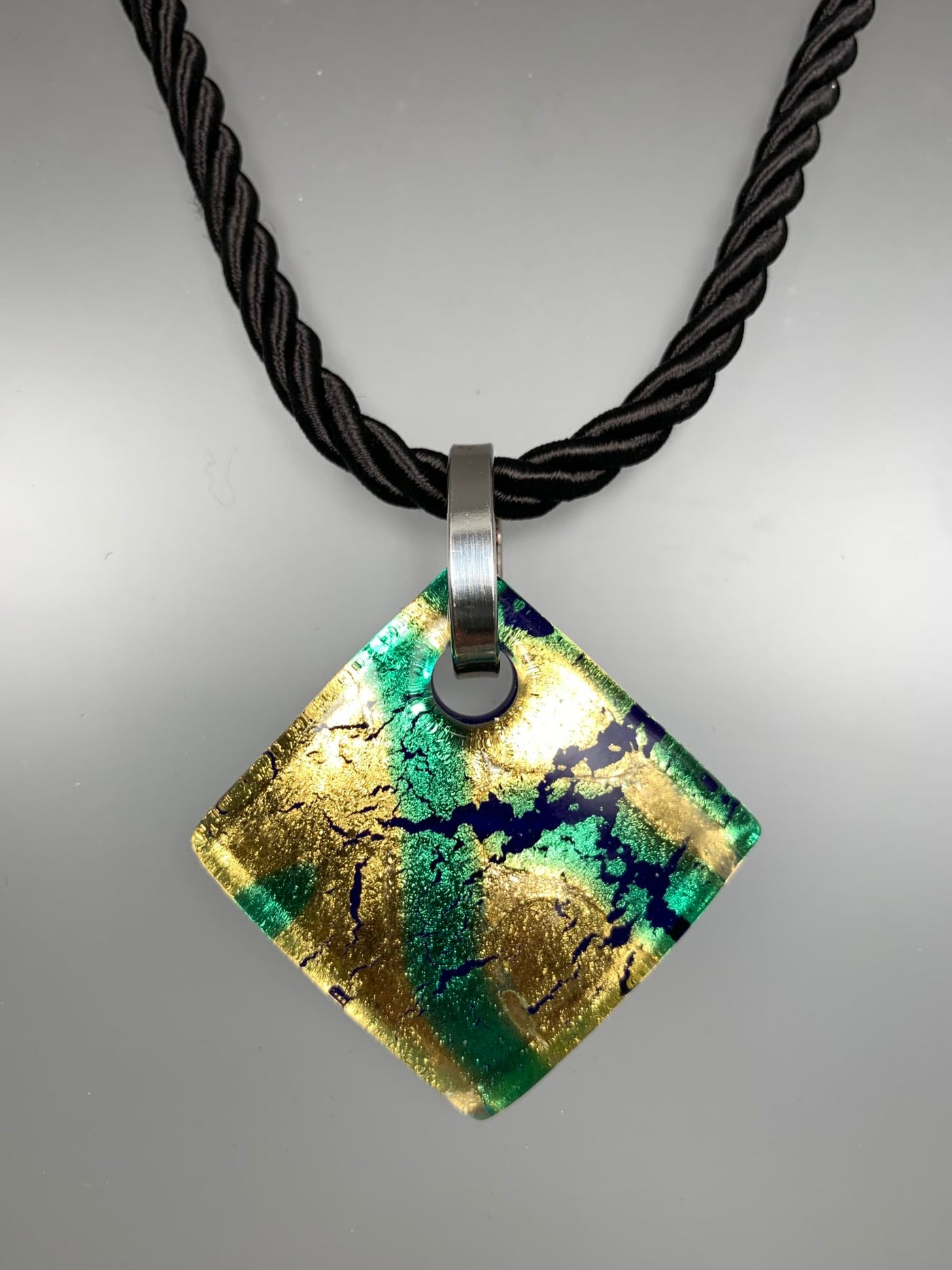 Diamond Shape Gold and Green Murano Glass Pendant with Sterling Silver Bail