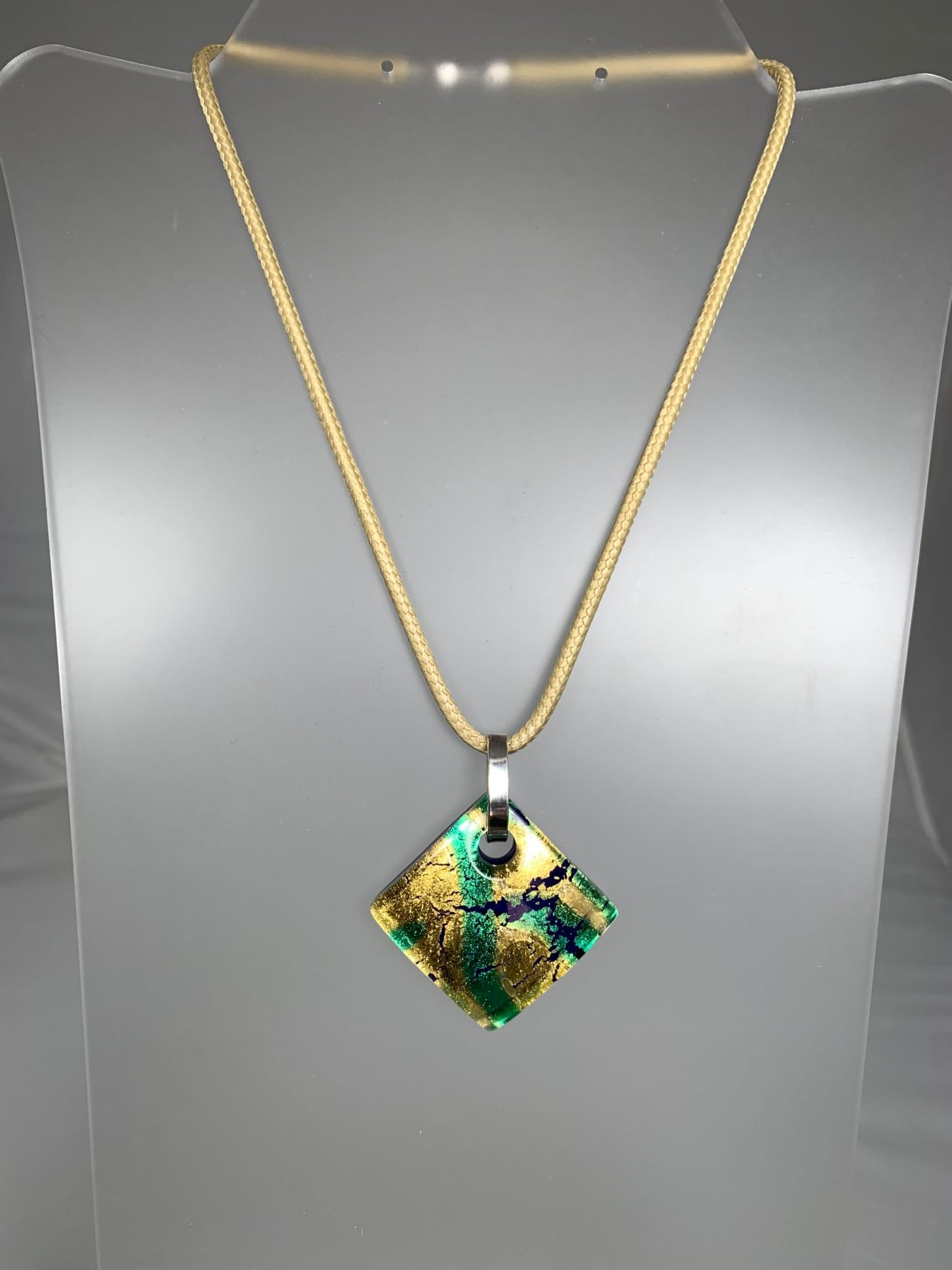 Diamond Shape Gold and Green Murano Glass Pendant with Sterling Silver Bail
