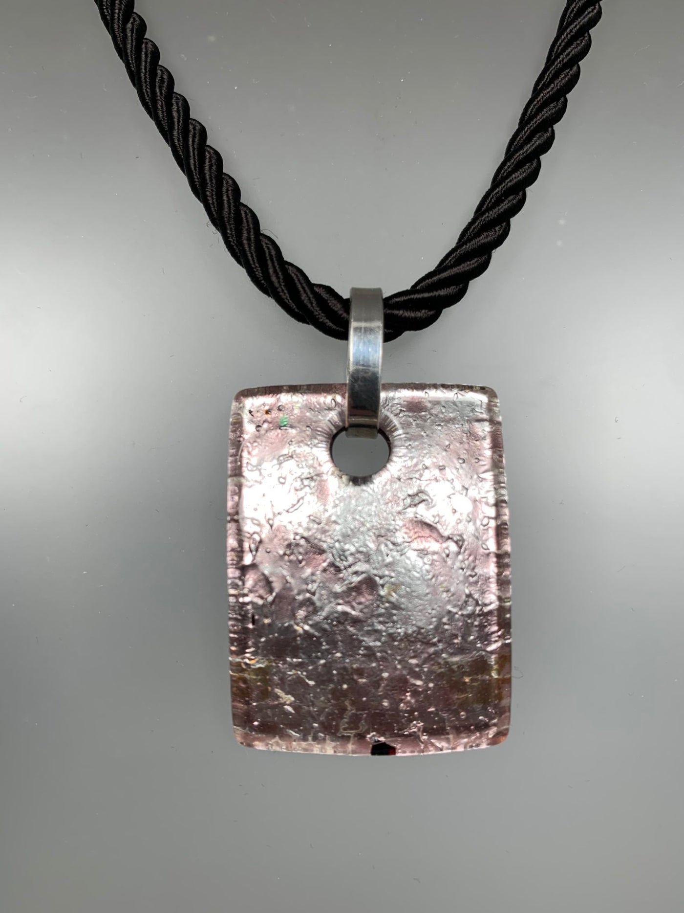 Pink and Silver Rectangle Murano Glass Pendant with Sterling Silver Bail