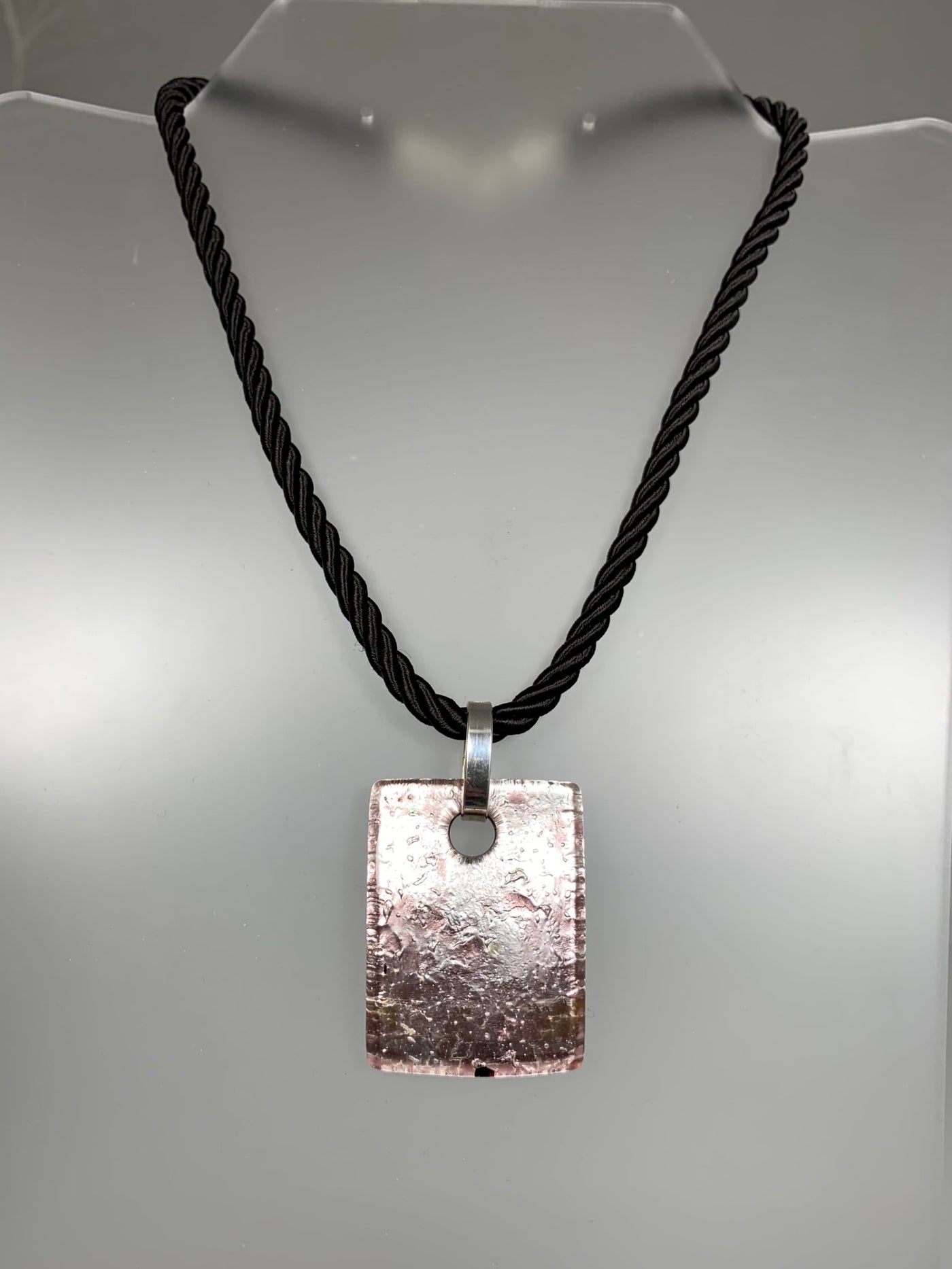 Pink and Silver Rectangle Murano Glass Pendant with Sterling Silver Bail