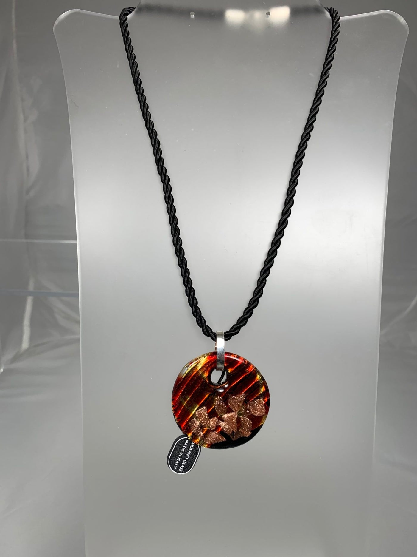 Red and Gold Round Murano Glass Pendant with Sterling Silver Bail