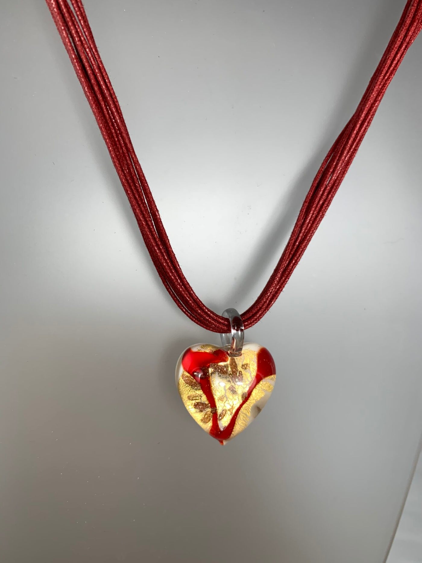 White & Red Murano Glass Puffy Heart Pendant from Italy