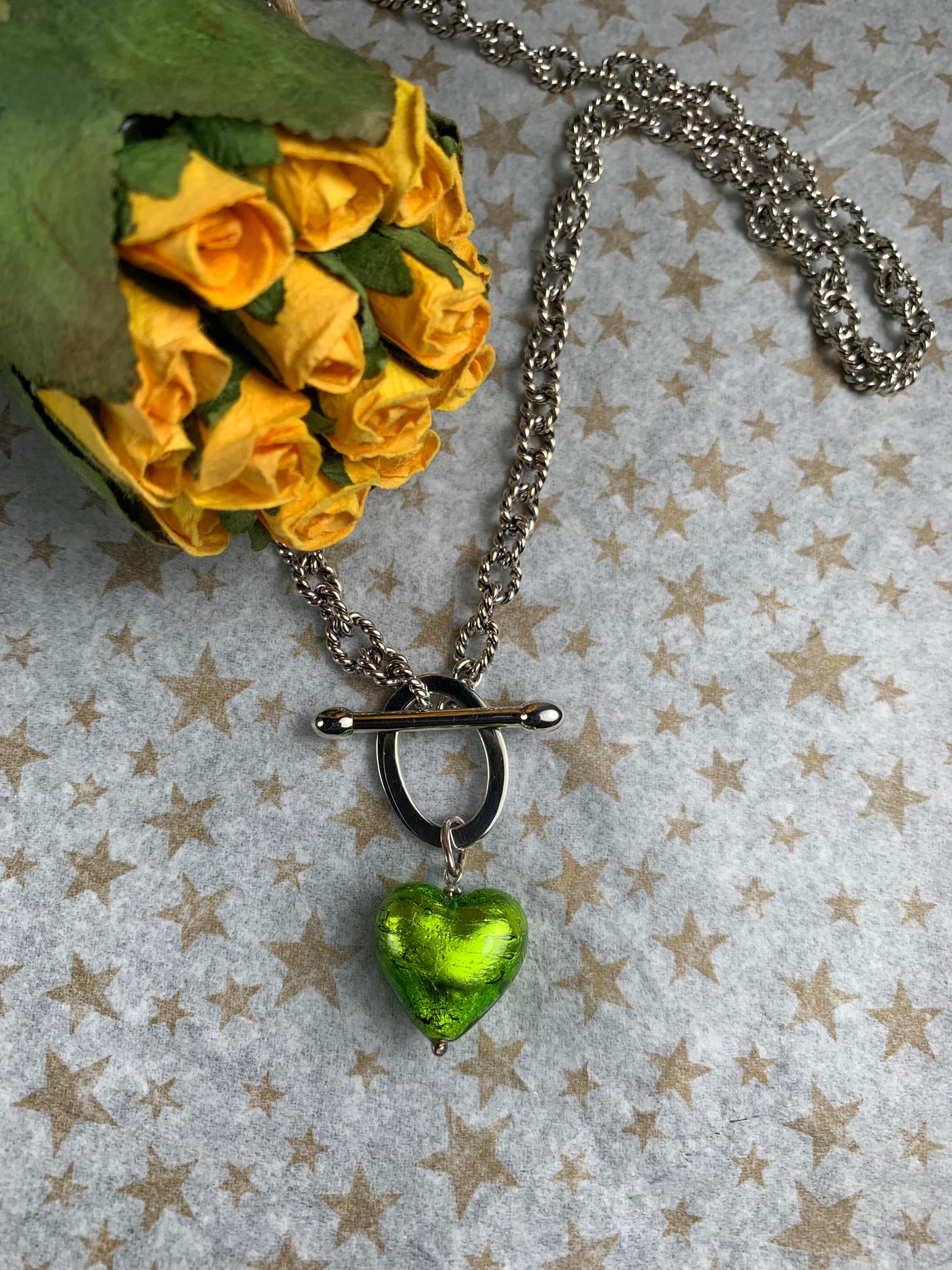 Silver Toggle Necklace with Dangling Murano Glass Heart