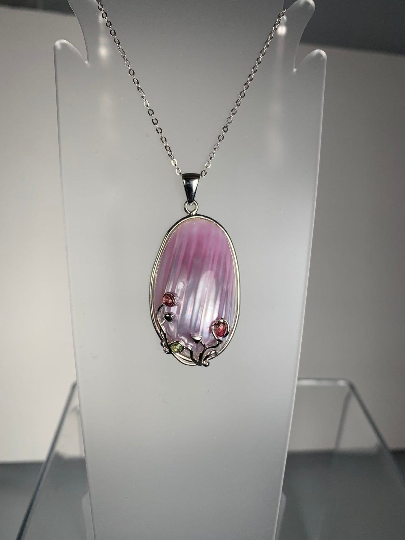 Pink Shell Decorated with Tourmaline Pendant in Sterling Silver