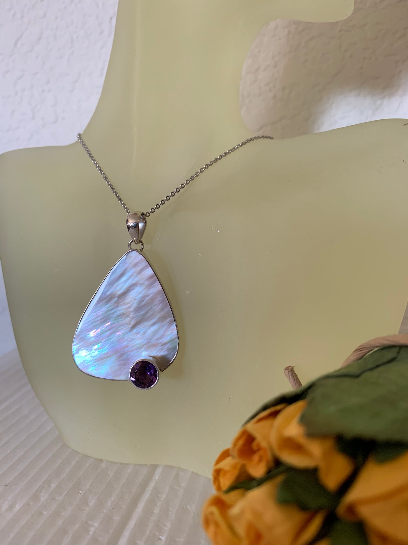 Sterling Silver White Shell and Amethyst Triangle Pendant