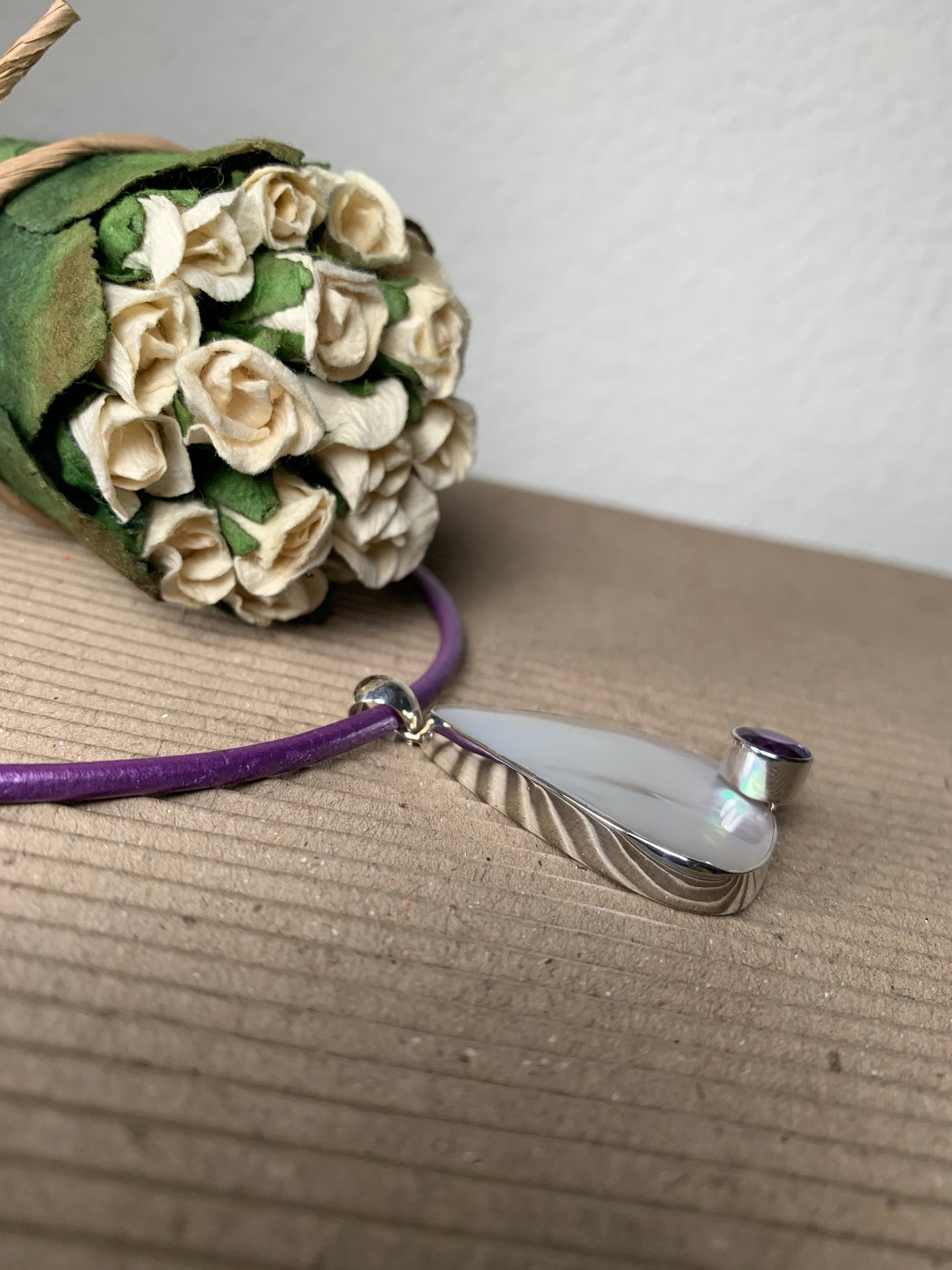 Sterling Silver White Shell and Amethyst Triangle Pendant
