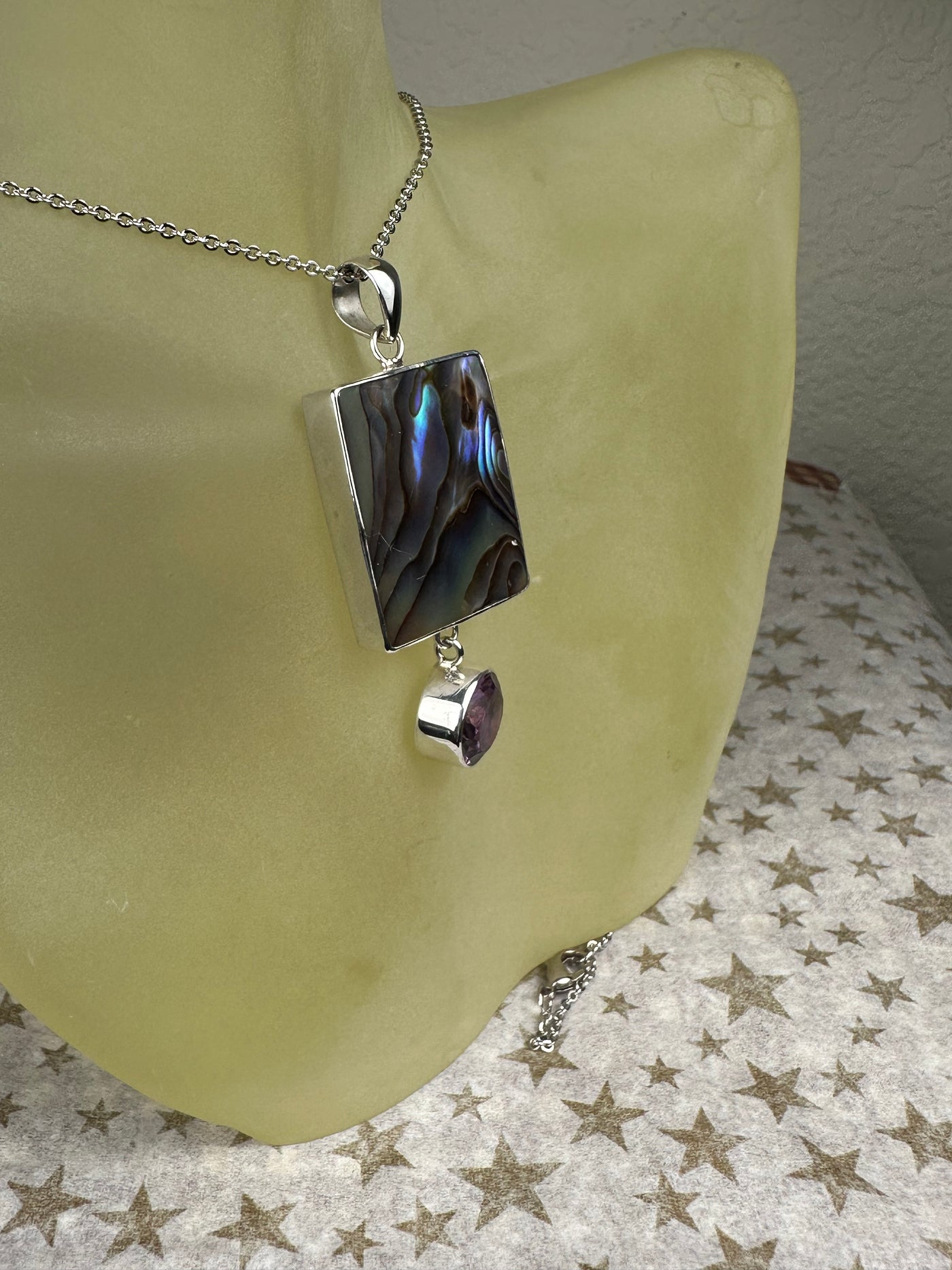 Sterling Silver Abalone Shell and Dangling Amethyst Pendant
