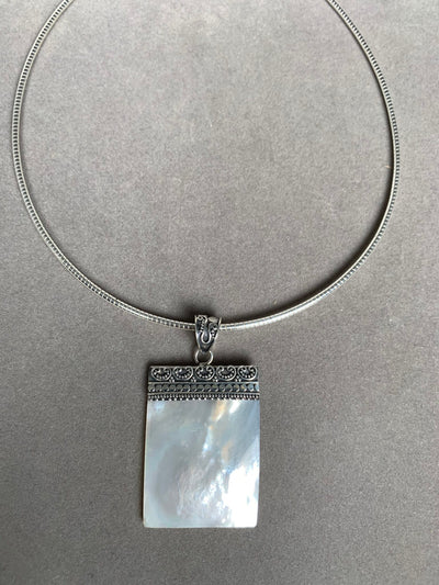 Rectangular White Shell Pendant with Ornate Sterling Silver Work