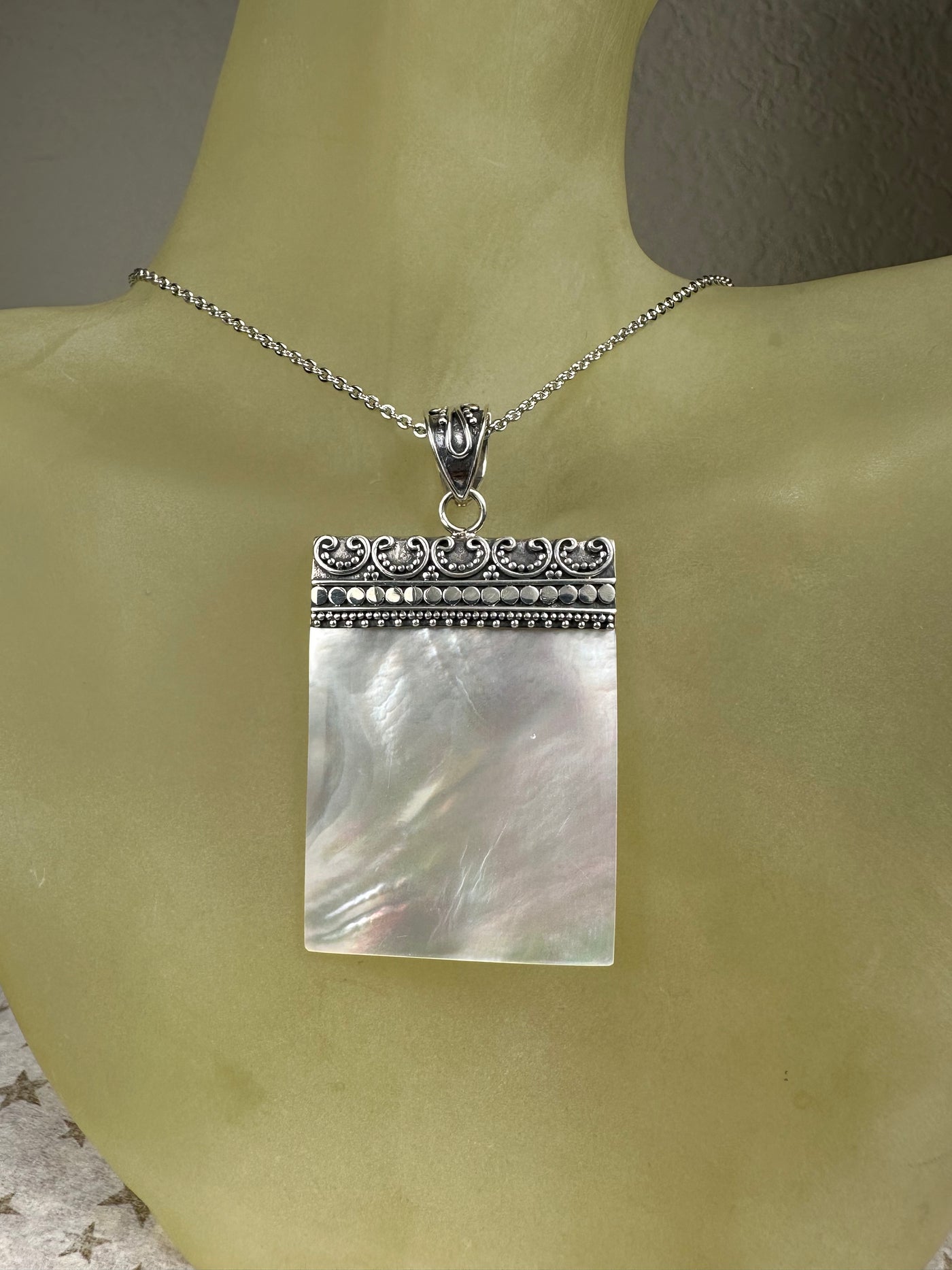Rectangular White Shell Pendant with Ornate Sterling Silver Work