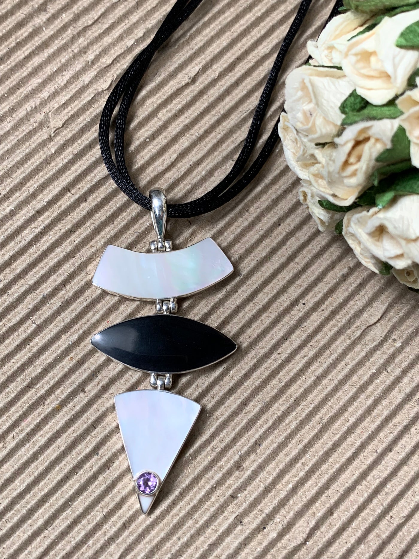 Amethyst Onyx White Shell in Sterling Silver Pendant