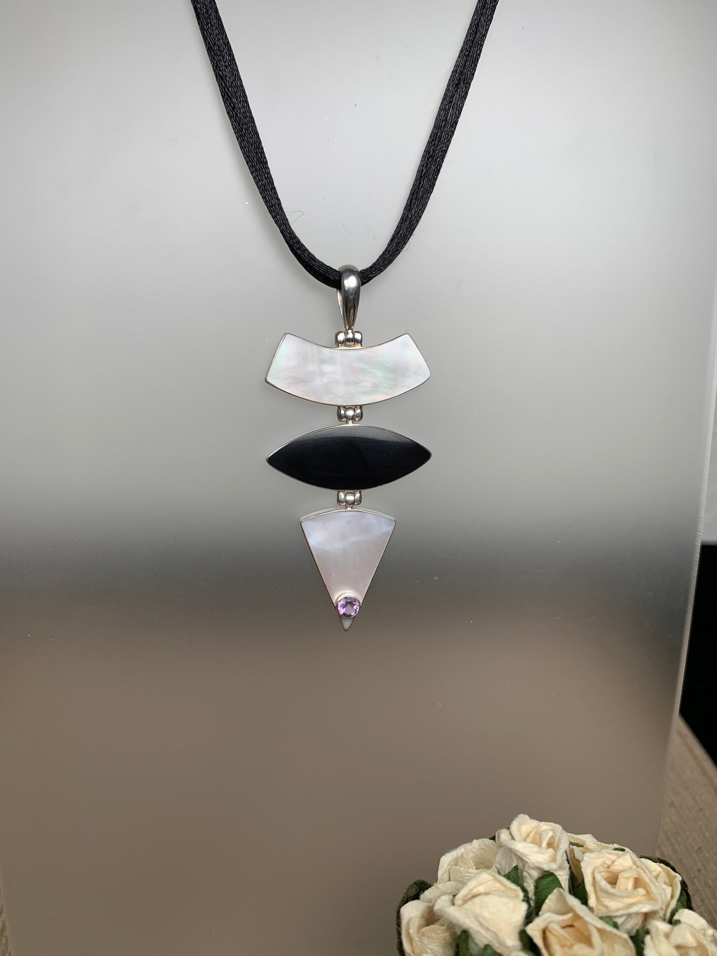 Amethyst Onyx White Shell in Sterling Silver Pendant