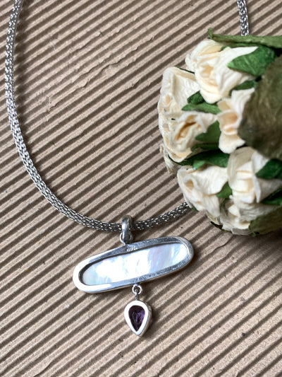 White Shell Mother of Pearl MOP & Amethyst Pendant in Sterling Silver