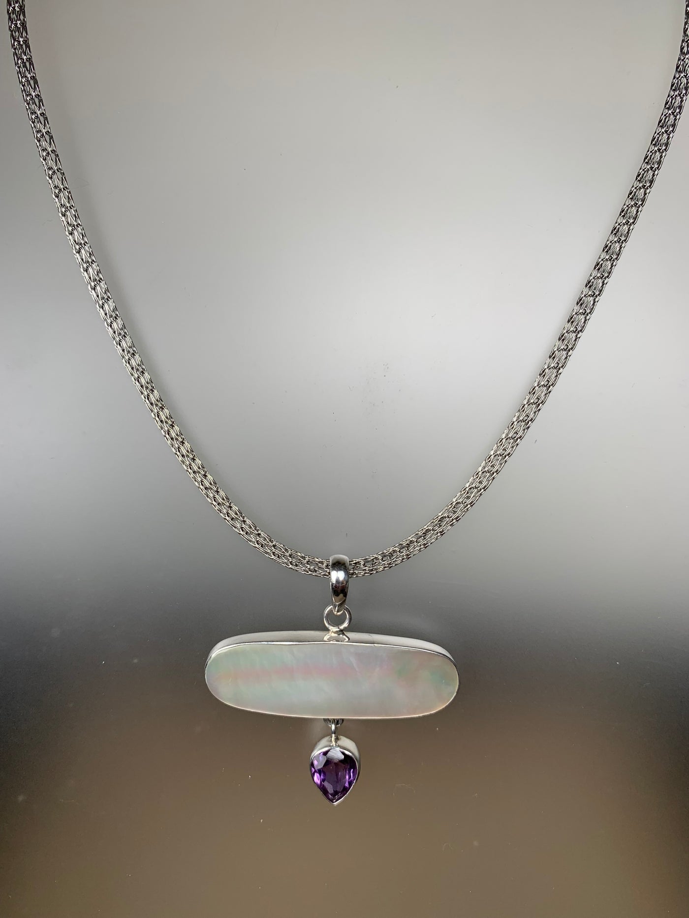 White Shell Mother of Pearl MOP & Amethyst Pendant in Sterling Silver