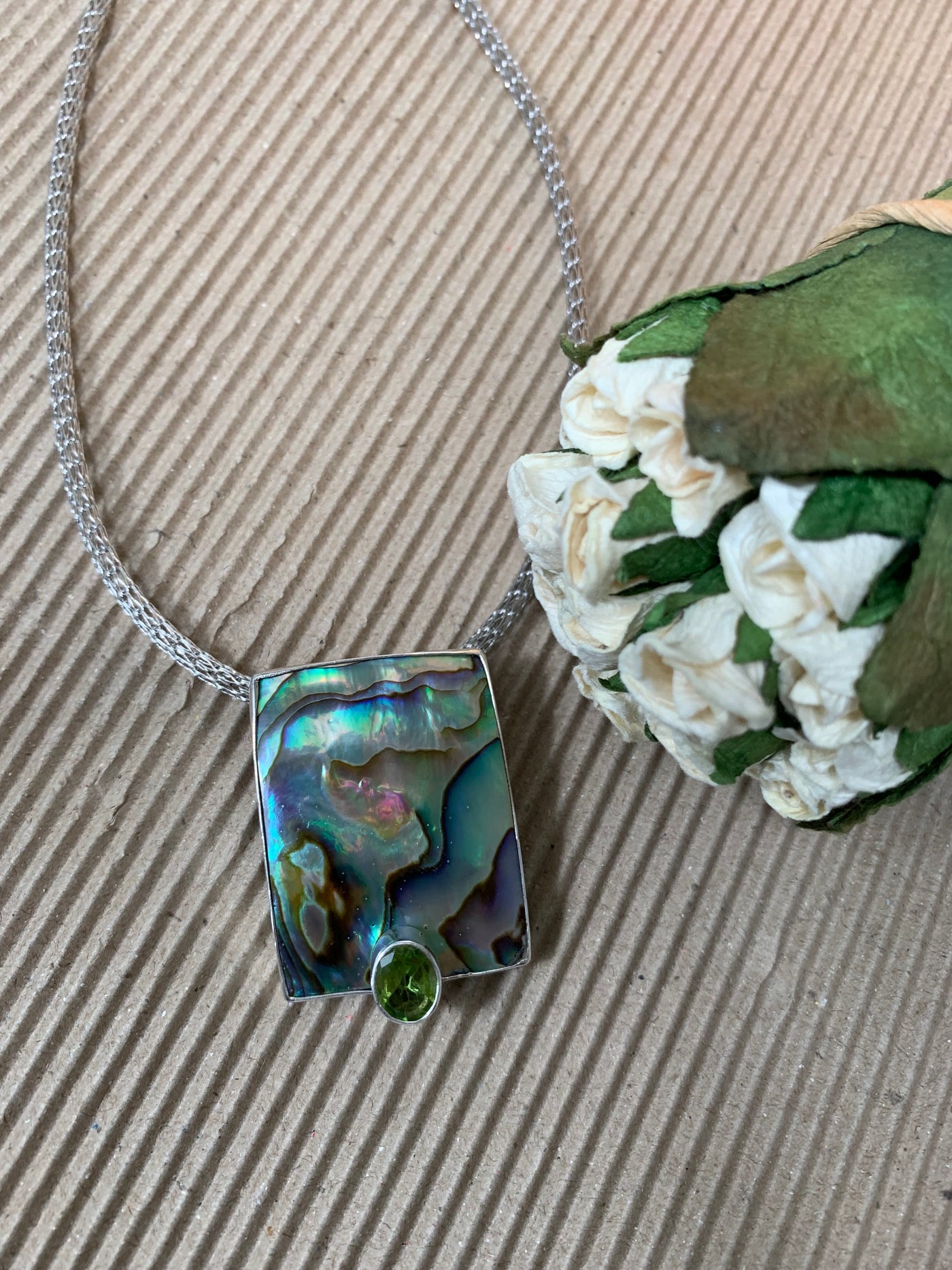 Rectangular Abalone Shell & Peridot Gem Slider Pendant in Sterling Silver