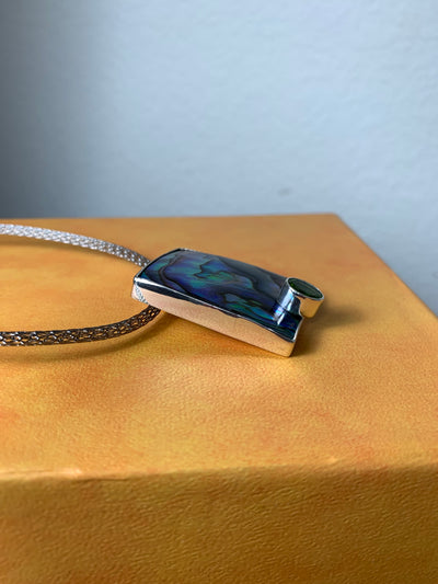 Rectangular Abalone Shell & Peridot Gem Slider Pendant in Sterling Silver