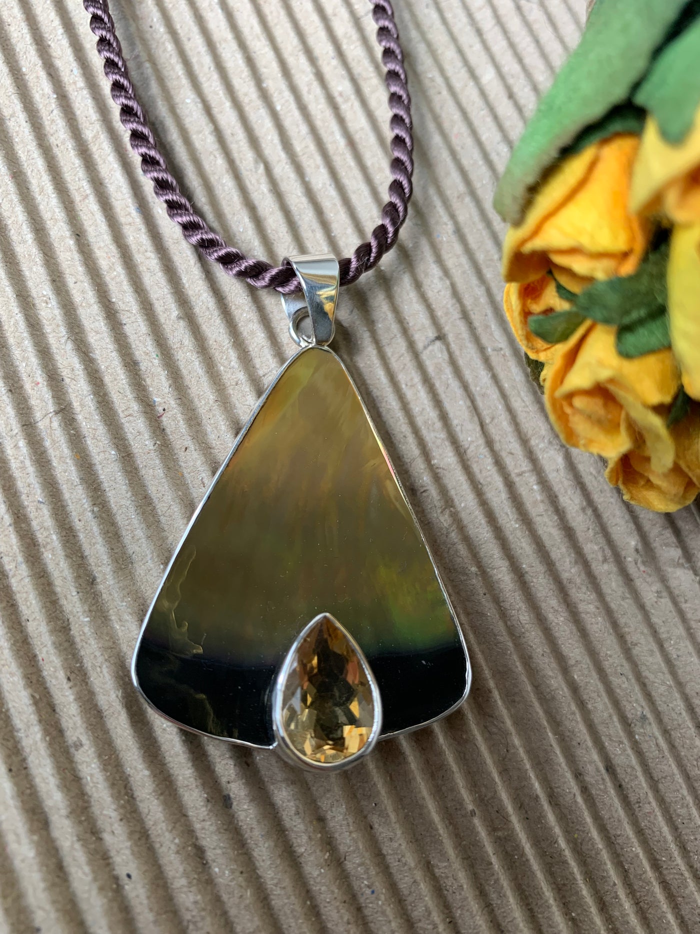 Triangle Yellow & Black Shell Citrine Pendant in Sterling Silver