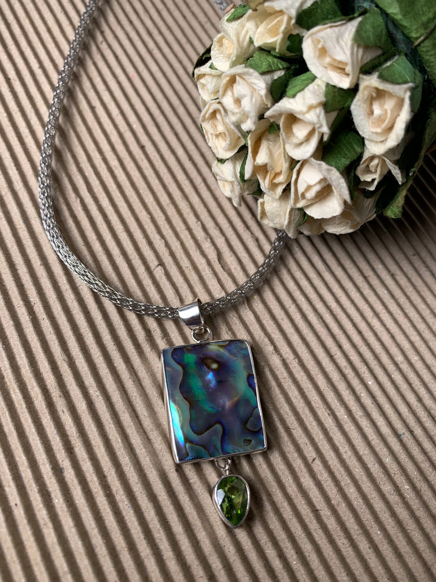 Rectangular Abalone Shell Peridot Pendant in Sterling Silver