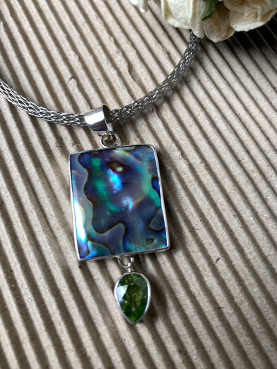 Rectangular Abalone Shell Peridot Pendant in Sterling Silver